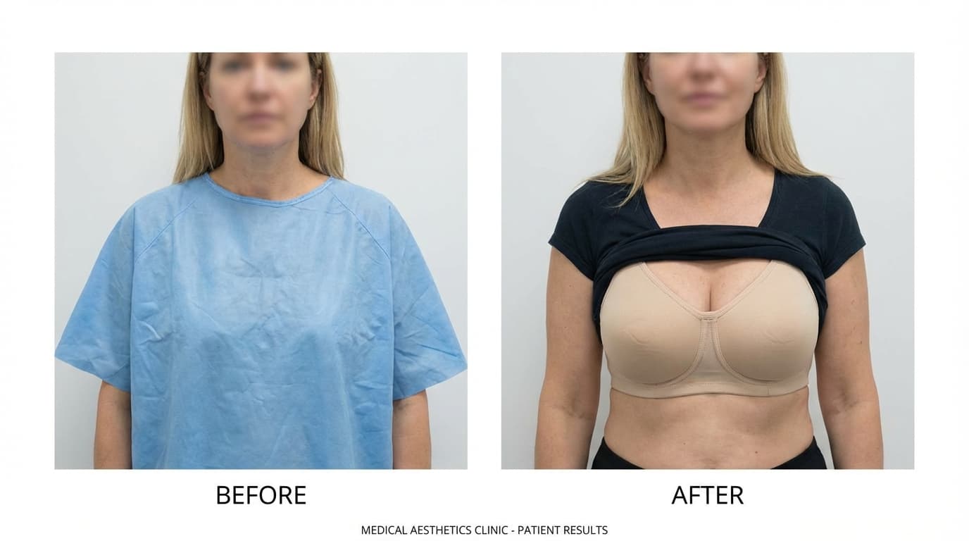 Before and after photos showing a woman's breast augmentation results from a medical aesthetics clinic.