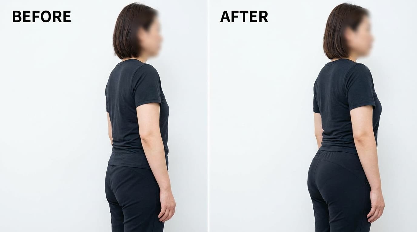 Before and after side profile comparison showing a woman's improved posture and lifted glutes.