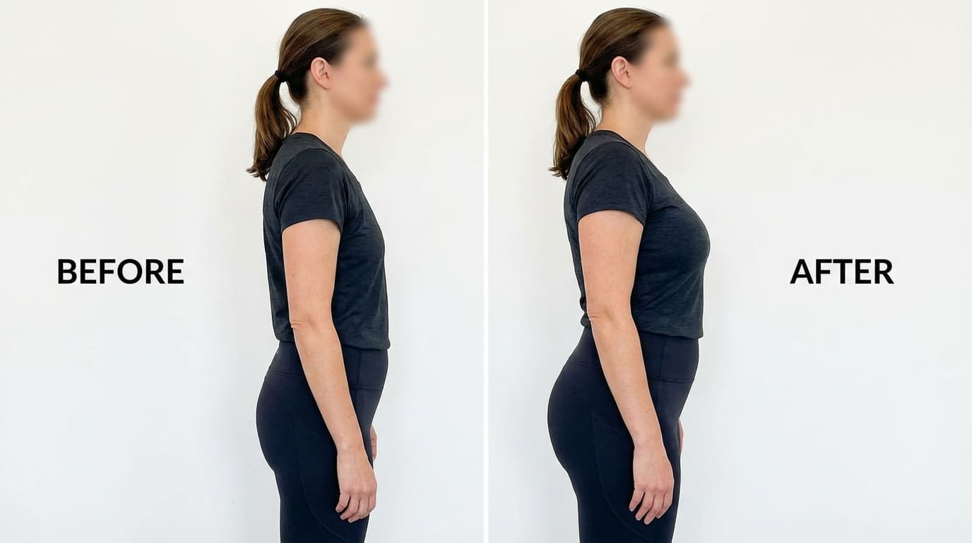 Before and after comparison showing a woman's posture improvement from slumped to upright standing.